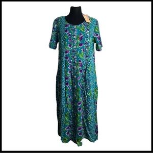 La Cera Short Sleeve Teal Purple Floral Maxi Dress Size Medium NWT